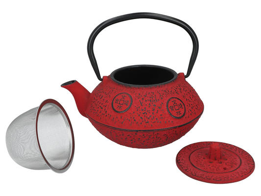 Öntöttvas teáskanna szűrővel 630 ml – piros díszítéssel