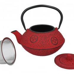 Öntöttvas teáskanna szűrővel 630 ml – piros díszítéssel